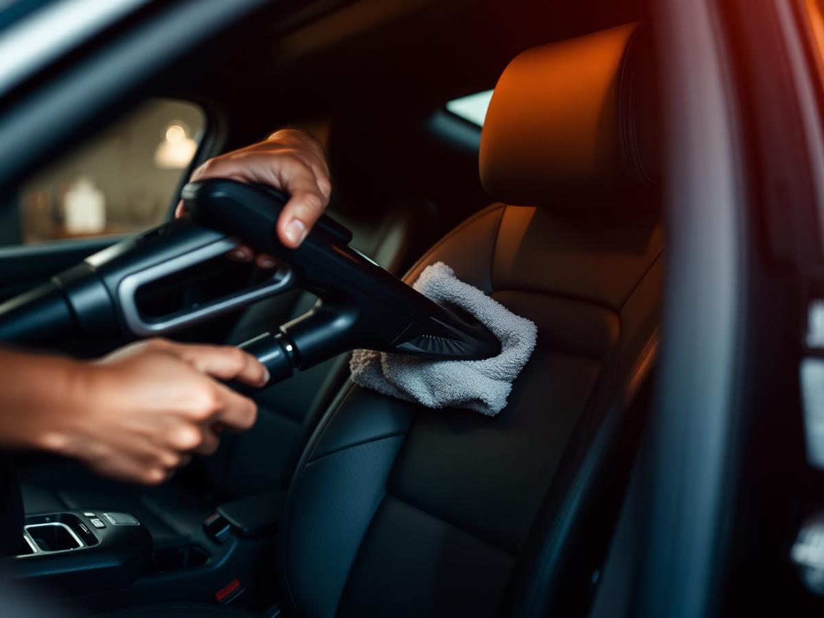 Detailer vacuuming and wiping down a car interior